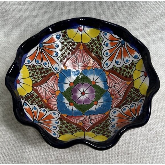 Colorful Floral Handmade Mexican Art 9” in Talavera Bowl with Fluted Edge - Picture 5 of 7